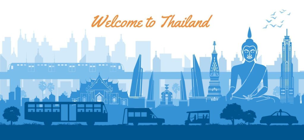 thailand famous landmark in scenery design blue color silhouette design vector